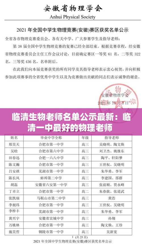 臨清生物老師名單公示最新：臨清一中最好的物理老師 